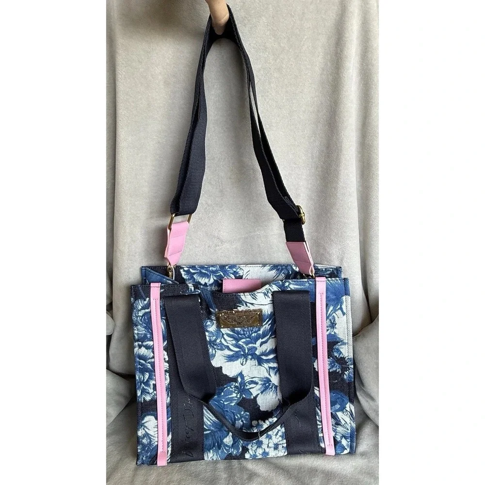 Betsey Johnson Denim Bag Tote Blue Floral Embroidered Handbag Satchel Crossbody